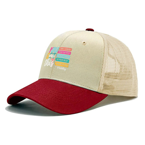Breathable Women's Outdoor Trucker Hat With Adjustable Strap Lightweight Mesh Crown All Day Comfort For Sun Hiking And Street Style Classic Cap For Everyday Wear, beige and red color, detailed front view.