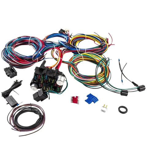 Universal 21 Circuit Wiring Harness and 17 Fuse Kit With Plug Connector for 12V Automotive Headlights, Easy Install, Color-Coded Wires