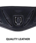Close-up of Pinnacle Anatomic Shoulder Dressage Girth in black premium Argentine leather, ergonomic design visible.