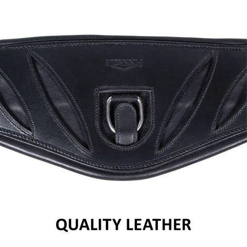 Close-up of Pinnacle Anatomic Shoulder Dressage Girth in black premium Argentine leather, ergonomic design visible.