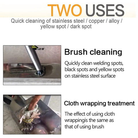 Image showing two uses of Heavy-Duty 1000W Weld Cleaning Machine For Arc Welds Bead Processor And Spot Cleaner, brush and cloth methods.