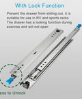 Heavy Gauge Steel Full Extension Drawer Slides With Secure Push Lock Handle showing locking mechanism for RV and sports rack use.
