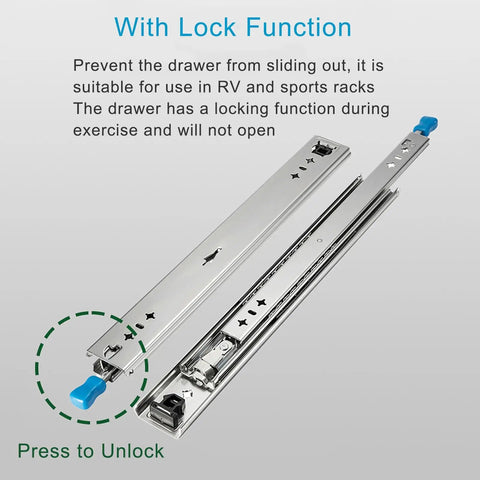 Heavy Gauge Steel Full Extension Drawer Slides With Secure Push Lock Handle showing locking mechanism for RV and sports rack use.