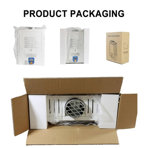 Product packaging of 12V Diesel Tankless Water Heater For RV And Camper Vans, showing unit and manuals in a box.