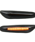 Full LED Side Turn Signals for BMW 1 3 5 Series E36 E46 E60 E87 E90 E92 X1 X3 Amber Fender Side Marker Lights, shown illuminated and off