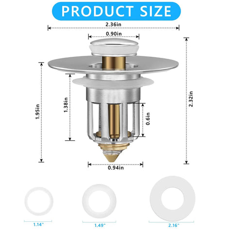 Full Brass Universal Pop Up Sink Stopper Set Pack Of 2 With Detachable Filter Basket Hair Catcher Chrome Finish dimensions
