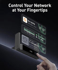 Person using touchscreen of Dual Band WiFi 7 Travel Router With 2.5G Ethernet Ports And USB 3.0 Pocketable VPN Router with network display.