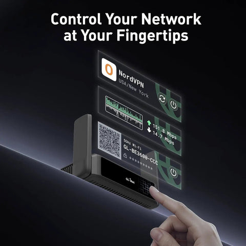 Person using touchscreen of Dual Band WiFi 7 Travel Router With 2.5G Ethernet Ports And USB 3.0 Pocketable VPN Router with network display.