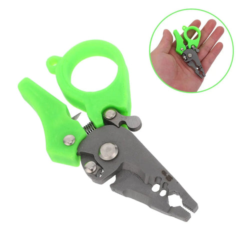 Heavy Duty Mini Wire Stripper And Cutter Pliers in hand, green handle, compact size, ideal for electrical work and network wiring.