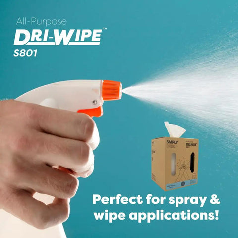 Spray bottle being used alongside a box of Dri-Wipe, highlighting application in wiping tasks.