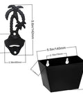 Heavy Duty Black Palm Tree Wall Mounted Beer Bottle Opener With Rugged Cap Catcher Bucket, dimensions labeled for clarity.