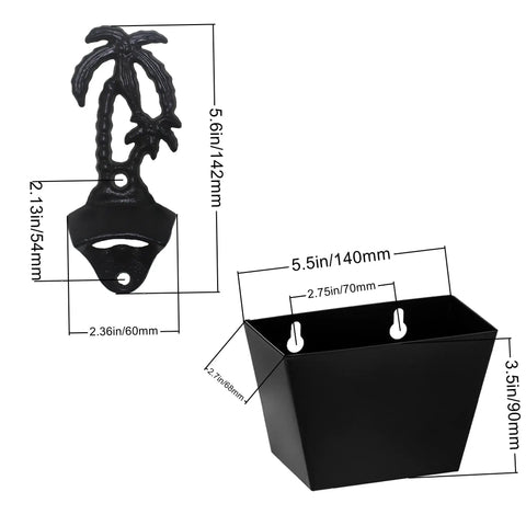Heavy Duty Black Palm Tree Wall Mounted Beer Bottle Opener With Rugged Cap Catcher Bucket, dimensions labeled for clarity.