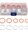 100 Piece Oil Drain Plug Gasket Set With Copper Crush Washers And Aluminum Washers in storage case, shown open.