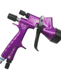 Badass Gold Auto Spray Gun With Heavy Duty 360 Degree Swivel Air Hose Connector And Precision 1.3 Nozzle side view with trigger.