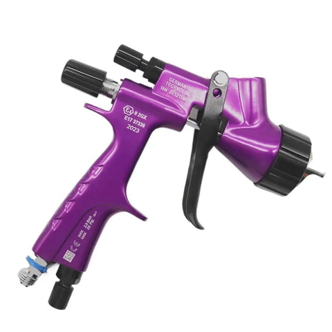 Badass Gold Auto Spray Gun With Heavy Duty 360 Degree Swivel Air Hose Connector And Precision 1.3 Nozzle side view with trigger.