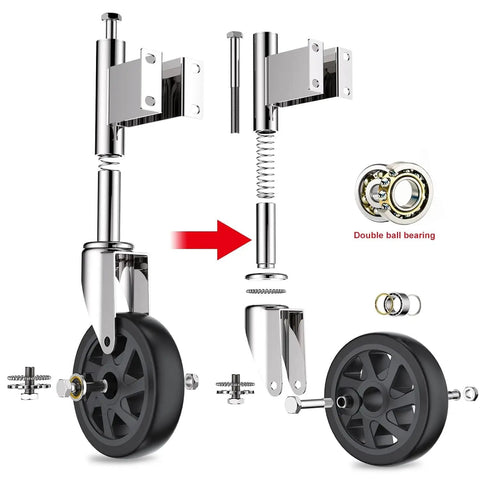 Spring Loaded Gate Caster Wheels 6 Inch Heavy Duty Gate Rollers With Hardware Pack Of 2, exploded view showing components