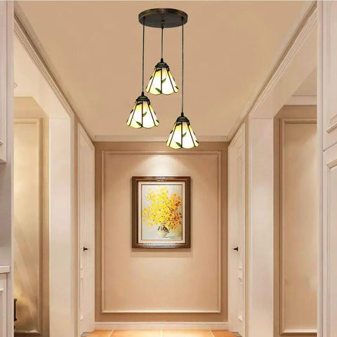 Pastoral Tiffany Style 3 Light Pendant Lamp With 10 Inch Green Leaves Stained Glass Shade E27 Ceiling Hanging Light For Dining Room