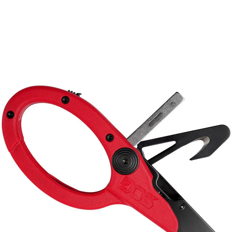 ParaShears Lightweight Backcountry Stainless Steel Pro-Grade Multi-Tool with 11 tools, red handle details, focus on cutter.