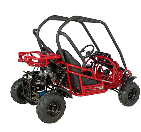 Red 125Cc Go Kart Spyder GKT125-9 Off Road Beast with air cooled engine, three speed gearbox, LED headlights, and bigger seats.
