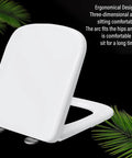 Zero Drama Soft Close Toilet Seat White Square Shape ergonomic design showcasing three-dimensional arc for comfort.
