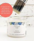 Brush applying Eco Friendly Clear Satin Top Coat For Chalk Style Furniture Paint Low VOC Durable Non Yellowing Waterproof Indoor Outdoor 4 Oz Pro Grade Sealant For High Traffic Furniture Projects And DIY Makeovers to surface