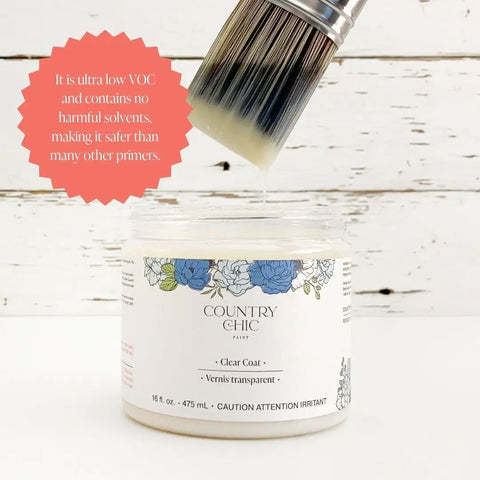 Eco Friendly Clear Satin Top Coat For Chalk Style Wood Furniture, 16oz Pint with brush application in progress.