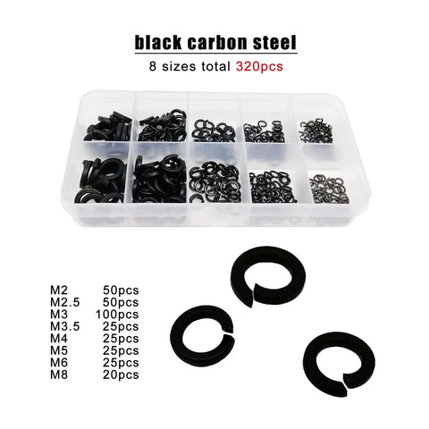 320 Piece Stainless Steel Lock Washer And Gasket Set For M2 To M8 Hardware, Black Oxide Spring Split Washers, Elastic Gaskets, Carbon Steel Kit For Bolts And DIY Builds, assorted sizes