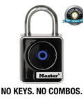 Indoor Bluetooth Padlock For Lockers And Storage With Smartphone Unlock And Keypad Backup Compact Two Inch Wide Ideal For School Gym Office And Employee Lockers, shown with black body and award badge
