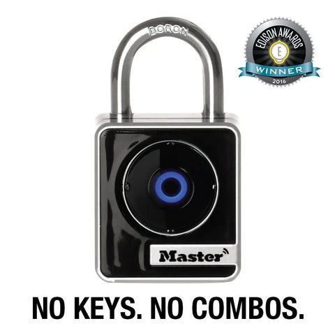 Indoor Bluetooth Padlock For Lockers And Storage With Smartphone Unlock And Keypad Backup Compact Two Inch Wide Ideal For School Gym Office And Employee Lockers, shown with black body and award badge