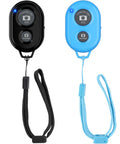 Wireless Phone Camera Remote Shutter Two Pack For iPhone And Android, black and blue devices with wrist straps