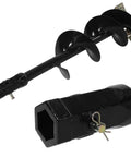 Close-up of Heavy Duty 12 X 52 Inch Auger Bit With 2 Inch Hex Interface, showing spiral steel drill attachment for tough soil.