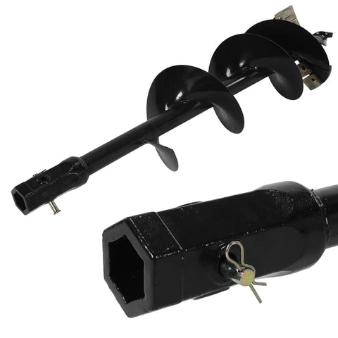 Close-up of Heavy Duty 12 X 52 Inch Auger Bit With 2 Inch Hex Interface, showing spiral steel drill attachment for tough soil.