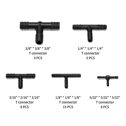 VIKKSAER nylon vacuum hose T-connectors set; barbed tees in 3/8, 1/4, 3/16, 1/8, 5/32 in with counts 3,5,8,15,8