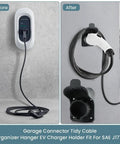 Before and after of Heavy Duty Wall Mount Ev Charger Holder For SAE J1772 Plugs, showing tidy cable management for EV setup.