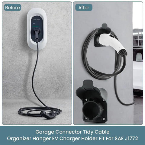 Before and after of Heavy Duty Wall Mount Ev Charger Holder For SAE J1772 Plugs, showing tidy cable management for EV setup.