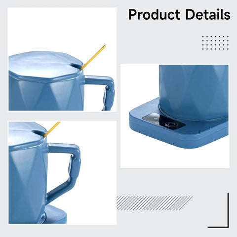 One Tap Control Keeps Your Morning Brew Piping Hot At 55 Degrees This Ceramic Coffee Cup Warmer in cool blue, showing details of handle and heating pad.