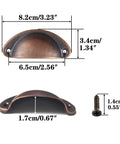 Rustic Copper Half Moon Cabinet Pulls 12 Pack shown with dimensions for kitchen cabinets, dressers, and wardrobes.