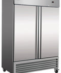 No Frills Heavy Duty Dual Section Reach In Freezer 49 Cu Ft Commercial Stainless Steel with digital controls and easy roll casters.