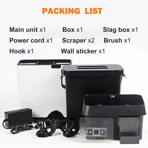 Electric Espresso Knock Box Featuring Automatic Portafilter Scraper For 51mm 58mm Handles, packing list details with main unit, scrapers, and accessories.