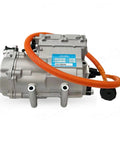 Rugged Build 320V Electric Vehicle AC Scroll Compressor With Integrated Inverter And Smart Controller, silver unit with orange hose.