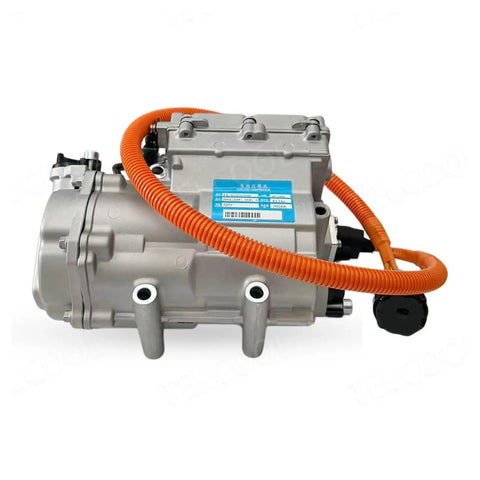 Rugged Build 320V Electric Vehicle AC Scroll Compressor With Integrated Inverter And Smart Controller, silver unit with orange hose.