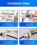 Installation steps for Stainless Steel Cable Gland NPT1 Waterproof IP68 Cord Grip Connector with caliper measurements.