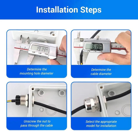 Installation steps for Stainless Steel Cable Gland NPT1 Waterproof IP68 Cord Grip Connector with caliper measurements.