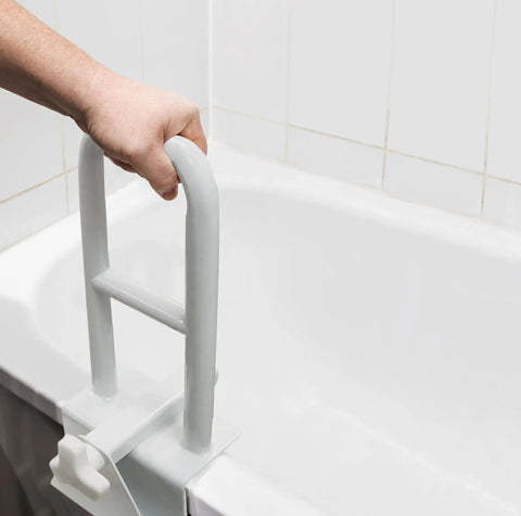 Adjustable Bathtub Safety Rail Grab Bar for Shower with Secure Padded Clamp Stainless Steel White Mobility Aid for Disability Elderly