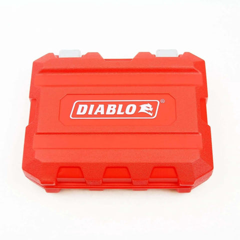 Diablo red hole saw case with DIABLO logo, front view.