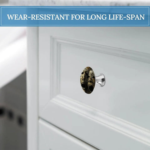 Open Mouth Mask Vintage Cabinet Knobs 2 Pack With Screws Stainless Steel And Aluminum Alloy Pulls installed on white cabinet