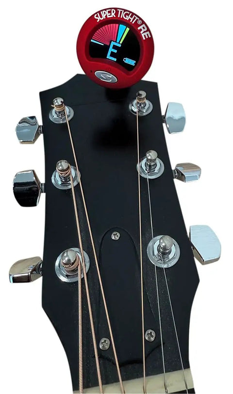 ST-2 Multi Instrument Chromatic Tuner With Rechargeable Battery And Eco Friendly Design And 360 Degree Rotating Screen attached to guitar headstock