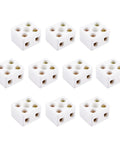 Twelve white porcelain ceramic 2-way 5-hole terminal blocks with screw terminals for 3 mm wires