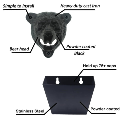 Badass Cast Iron Bear Head Beer Bottle Opener Wall Mounted With Cap Catcher Tray For Man Cave Chill Spot Or Garage Wall Rustic Grizzly Gear For Cold Ones, detailed view of opener features and catch tray.