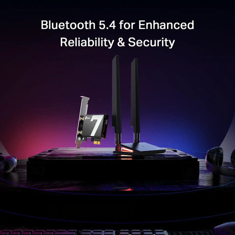 WiFi 7 PCIe Card For Desktop PC With Bluetooth 5.4, Beast Mode Tri Band Wireless Adapter on black surface with glowing LED